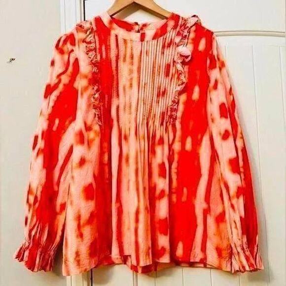 Anthropologie Samant Chauhan orange tie dye ruffle long sleeve boho top. Medium - Picture 2 of 2